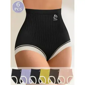 [6pcs High-Waist Tummy Control Shapewear] 6pcs Women's High-Waist Shapewear Panties - Tummy Control, Cross-Strap Design, Breathable Nylon Blend, Machine Washable Elegant Black Chic Fabric Womenswear Comfort