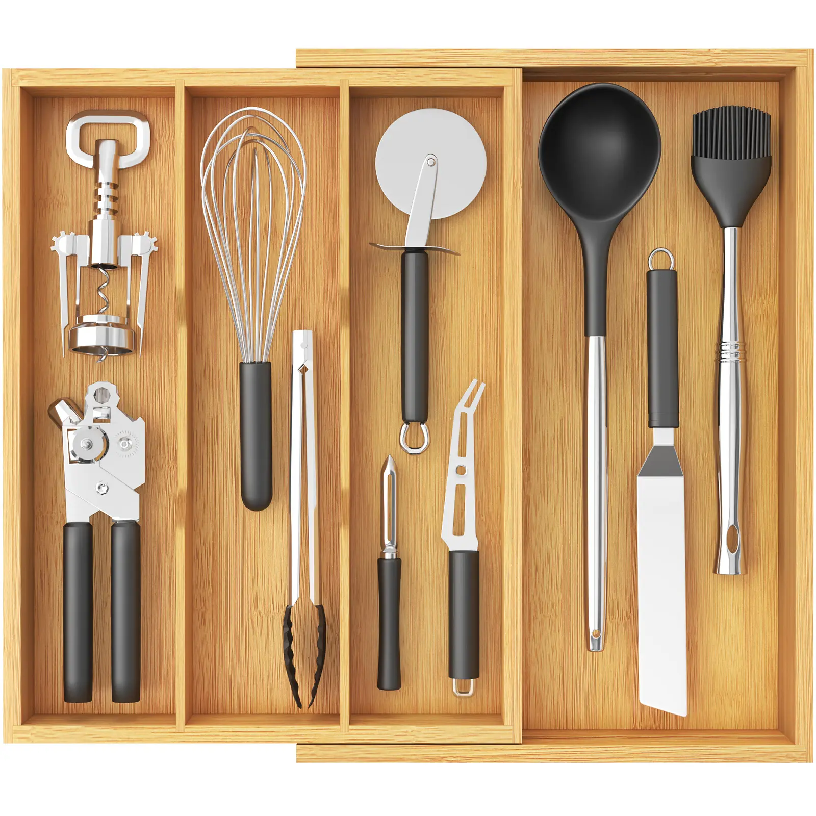 Lifewit 4 Compartments Bamboo Utensil Drawer Organizer, Expendable Cooking Silverware Tray for Kitchen Drawer