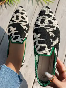 Women's Pointed Toe Flyknit Flat Shoes, Zebra Leopard Print, Fashionable Breathable Mesh, One-Piece Slip-On, Casual Daily Wear