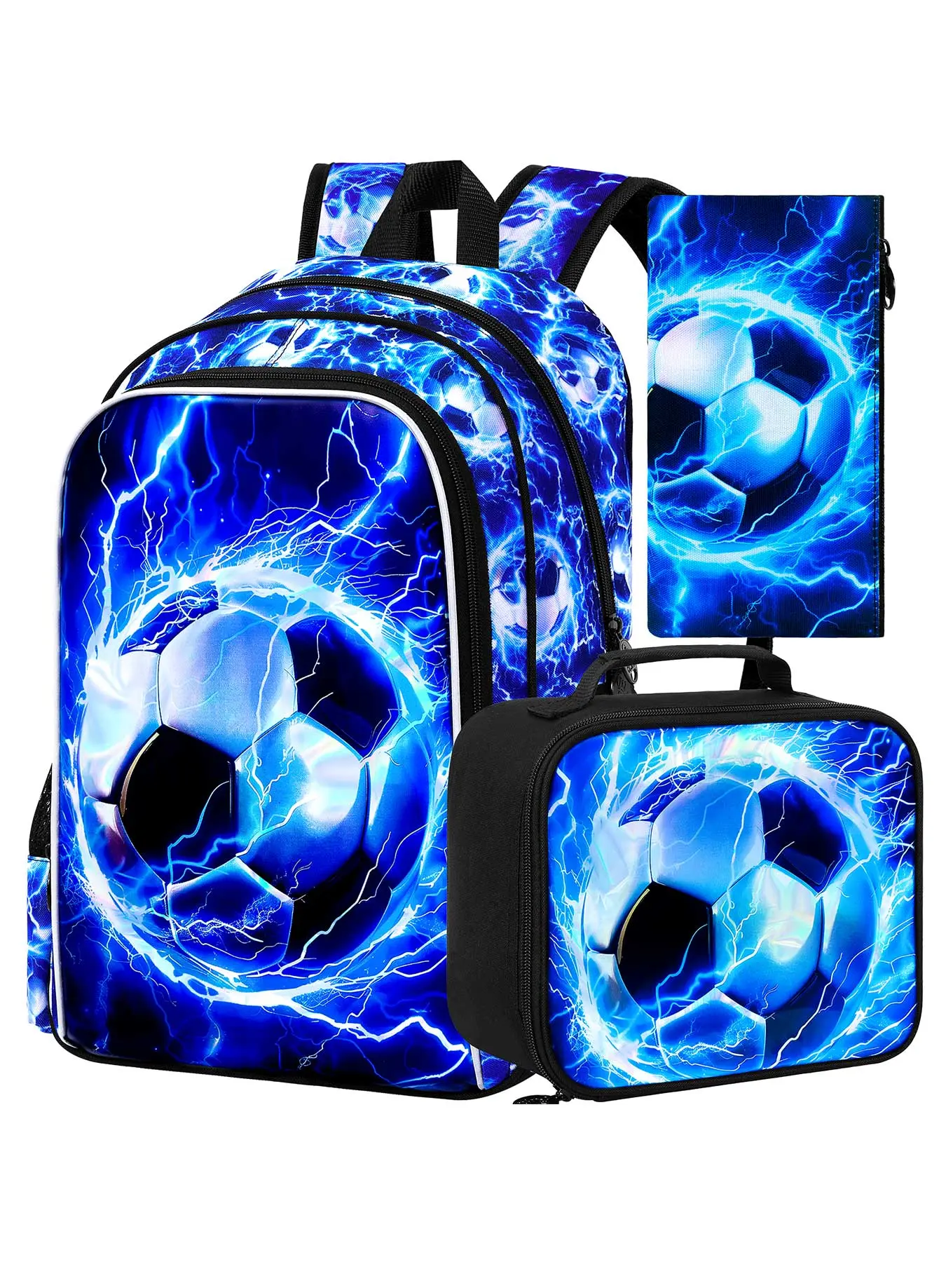 3PCS Boys Soccer Pattern Backpack Set, Kids Lightning Bookbag with Lunch Box, 17" School Bag for Teenagers Elementary Middle