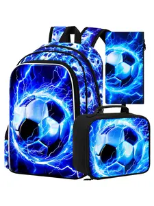 3PCS Boys Soccer Backpack Set, Kids Lightning Bookbag with Lunch Box, 17" School Bag for Teenagers Elementary Middle