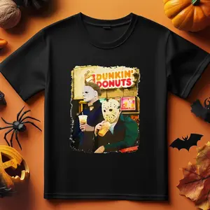 Comfortable Breathable Halloween T-Shirt--Michael Myers and Jason Voorhees Drink Dunkin’ Donuts Funny T-Shirt Halloween--Give him/her a Halloween gift