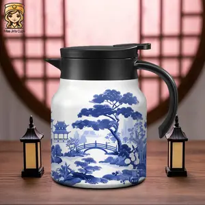 Stainless Steel Insulated Mug, Vintage Blue and Design, Non-Slip Leak-Proof Coffee Pot, Tea Infusion Cup, Teapot with Infuser, Ideal for Parties, Hiking, Gifts