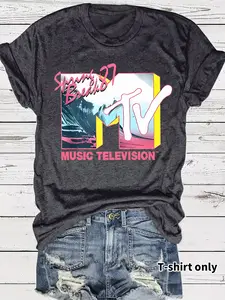 Women's Graphic Print Ocean Mtv Short Sleeve Round Neck Casual Summer Streetwear Fitted Top, Casual Fashion Tee, Medium Stretch All-Season Comfort