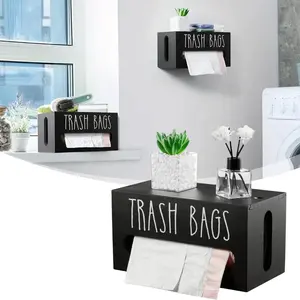 Aesthetic Wooden Trash Bag Organizer and Dispenser, Space Saving Kitchen Restock Container with Flat Top for Extra Storage, Modern Farmhouse Grocery Bag Holder for Laundry Room and Pantry