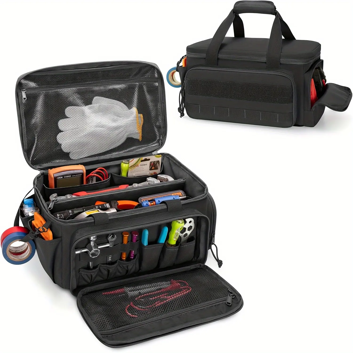 1 14-Piece Multifunctional Kit with Zipper Closure - Large Electrician's Toolbox, Contractor's Work Site Finishing Bag, Mechanic's Workshop Bag - Ideal Gift for Electricians, Carpenters, DIY Enthusiasts