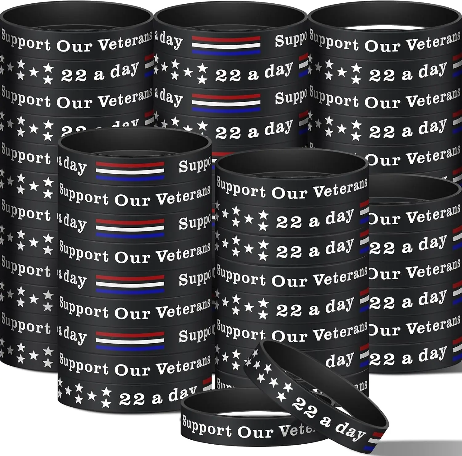 100 Pcs Veterans Rubber Bracelets Bulk 22 a Day Support Our Veterans Bracelet Memorial Silicone Wristband 250th Anniversary Patriotic Bracelets Military Gifts Inspirational Charity Supplies