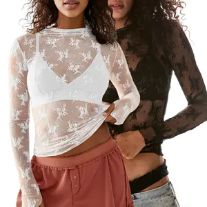 Lace Tops for Women Mesh Long Sleeve Top Mock Neck Sheer Blouse Sexy See Through Shirts