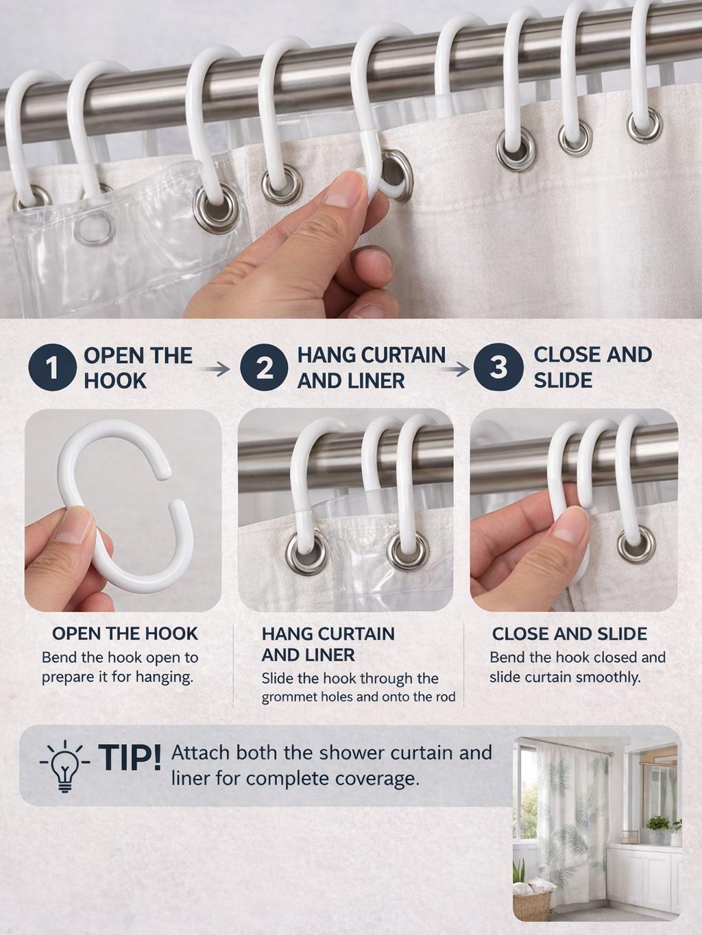 12-Pack Shower Curtain Hooks, Durable Plastic Bathroom Curtain Rings, Easy Glide for Standard Shower Rods