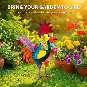1PC Outdoor Metal Rooster Garden Statue, Colorful Farmhouse Style Simulated Chicken Yard Art Decoration, Handcrafted Rustic Animal Figurine, Suitable for Lawn, Courtyard, Backyard, Porch Decoration, Creative Art Gift for Living Room, Dining Room Light-Up