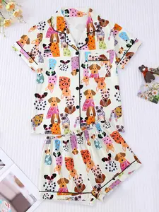 Women's Sleepwear Set, Pajama Set, Collared Short Sleeve Cardigan & Loose Elastic Shorts, Cartoon Animal Dog Party Full Print, All Seasons Comfortable Fit