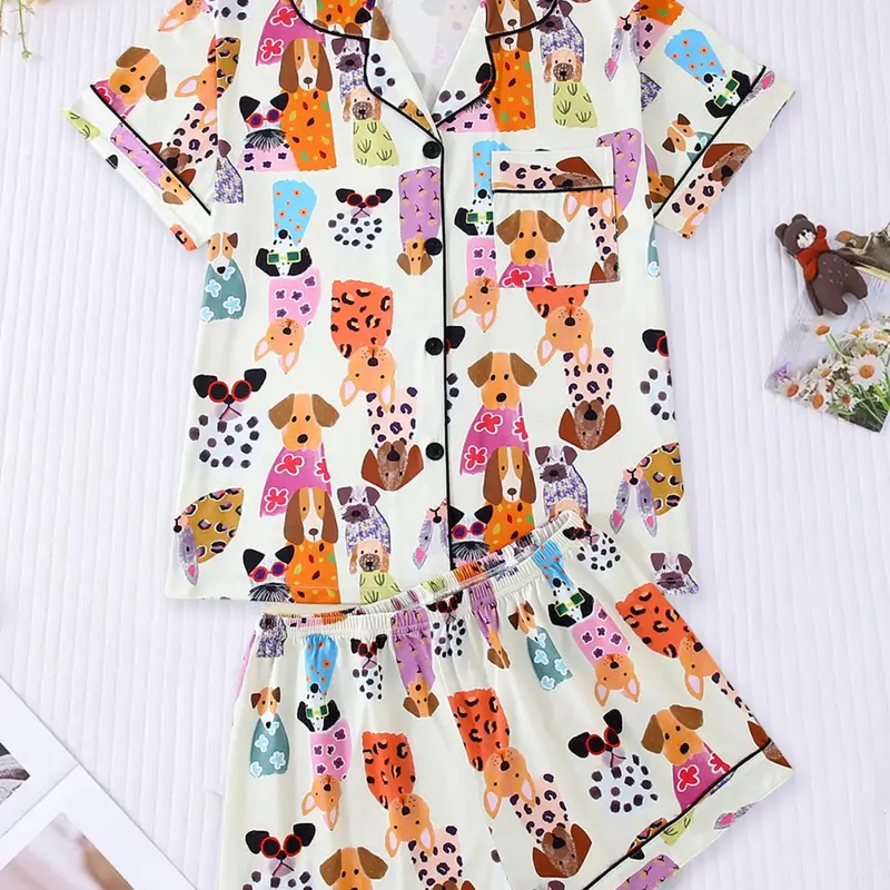 Women's Sleepwear Set, Casual Pajama Set, Lounge Pjs Set, Loungewear Outfit, Collared Short Sleeve Cardigan & Loose Elastic Shorts, Cartoon Animal Dog Party Full Print, All Seasons Comfortable Fit