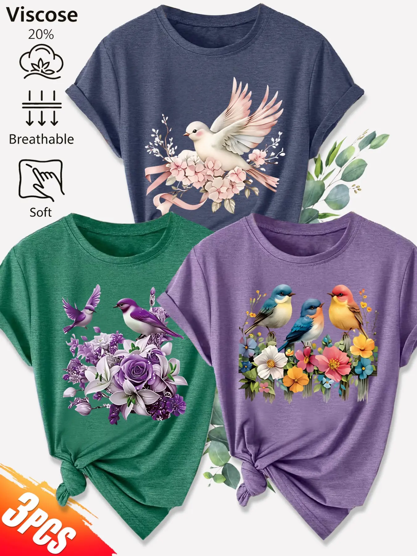 Women's 3-Pack Casual Short Sleeve T-Shirt, Colorful Bird & Floral Print Set, Multiple Colors, Machine Washable, Spring & Summer Tops, Soft Skin-Friendly Fabric, Daily Wear, Fashion Design