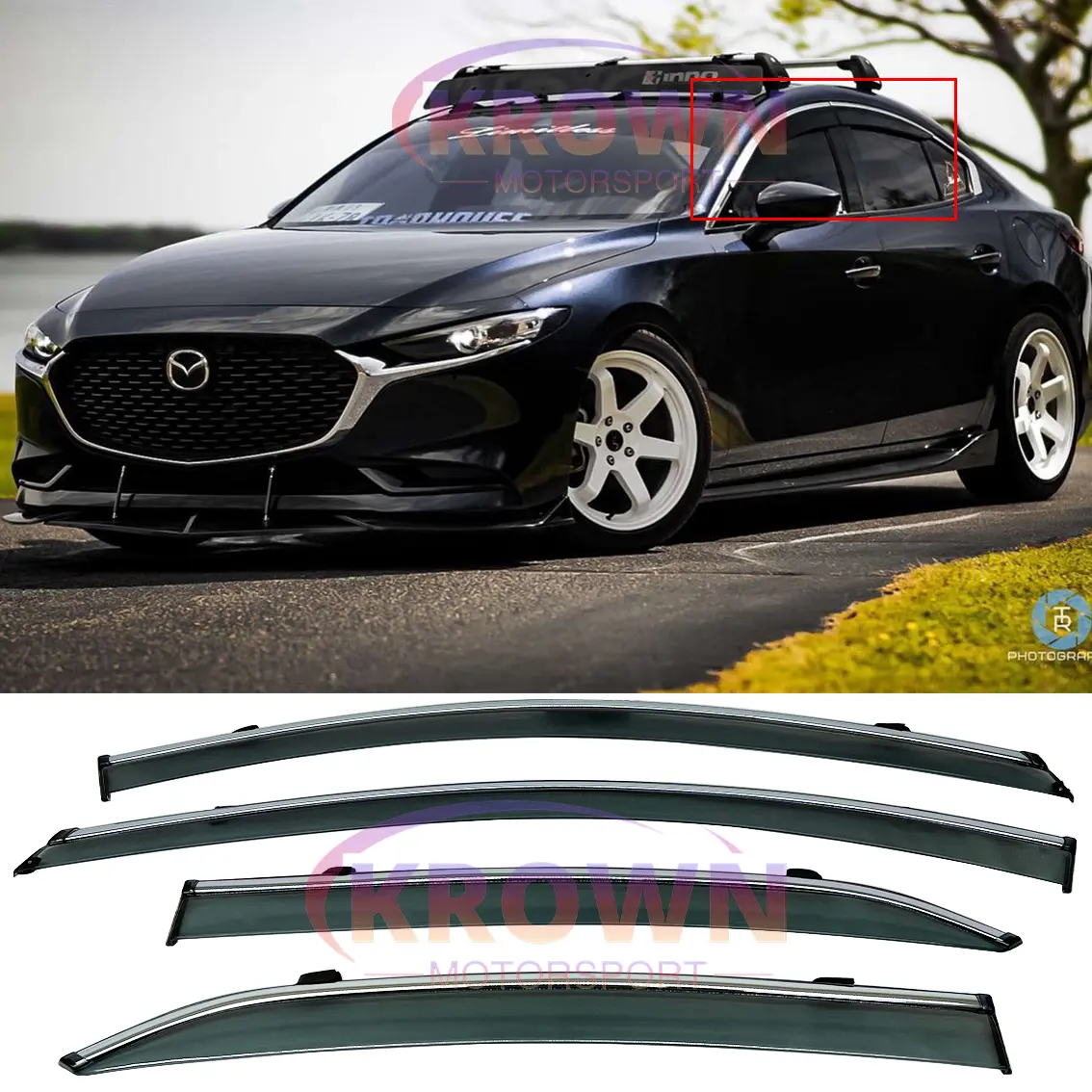 FOR 2019-2026 MAZDA 3 SEDAN SMOKE TINTED CLIP-ON WINDOW VISOR W/ CHROME TRIM RAIN GUARD