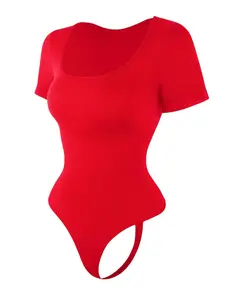 Women's Solid Square Neck Short Sleeve Shapewear Bodysuit, Underwear, Tummy Control Butt Lifting Button Closure Crotch Shaper, Women's Waistband Shaping Bodysuit for All Seasons