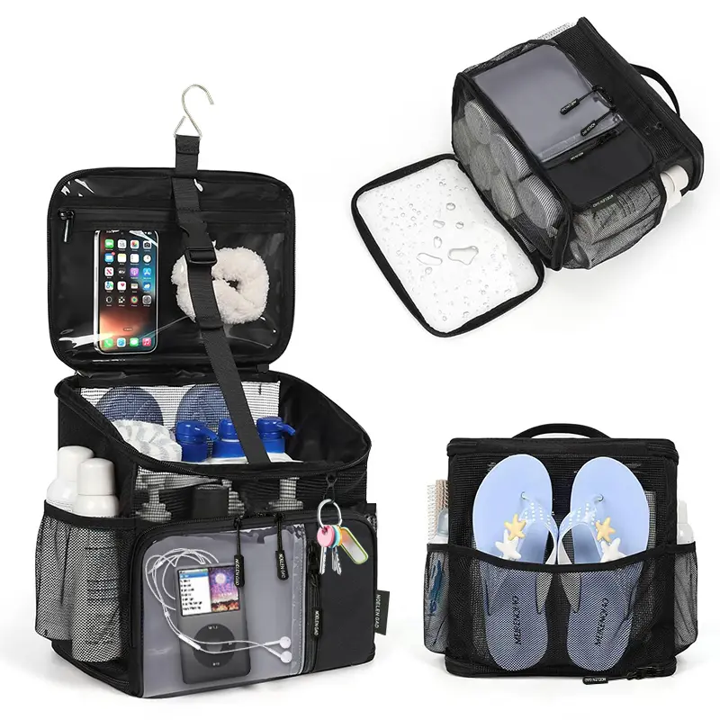 UNIQDESIGN Portable Mesh Shower Caddy Toiletry Bag - Quick Dry Hanging Organizer with Handle, Removable Wash Bag 1 Pack Travel Toiletry Kit for University, Family Travel Bathroom Use