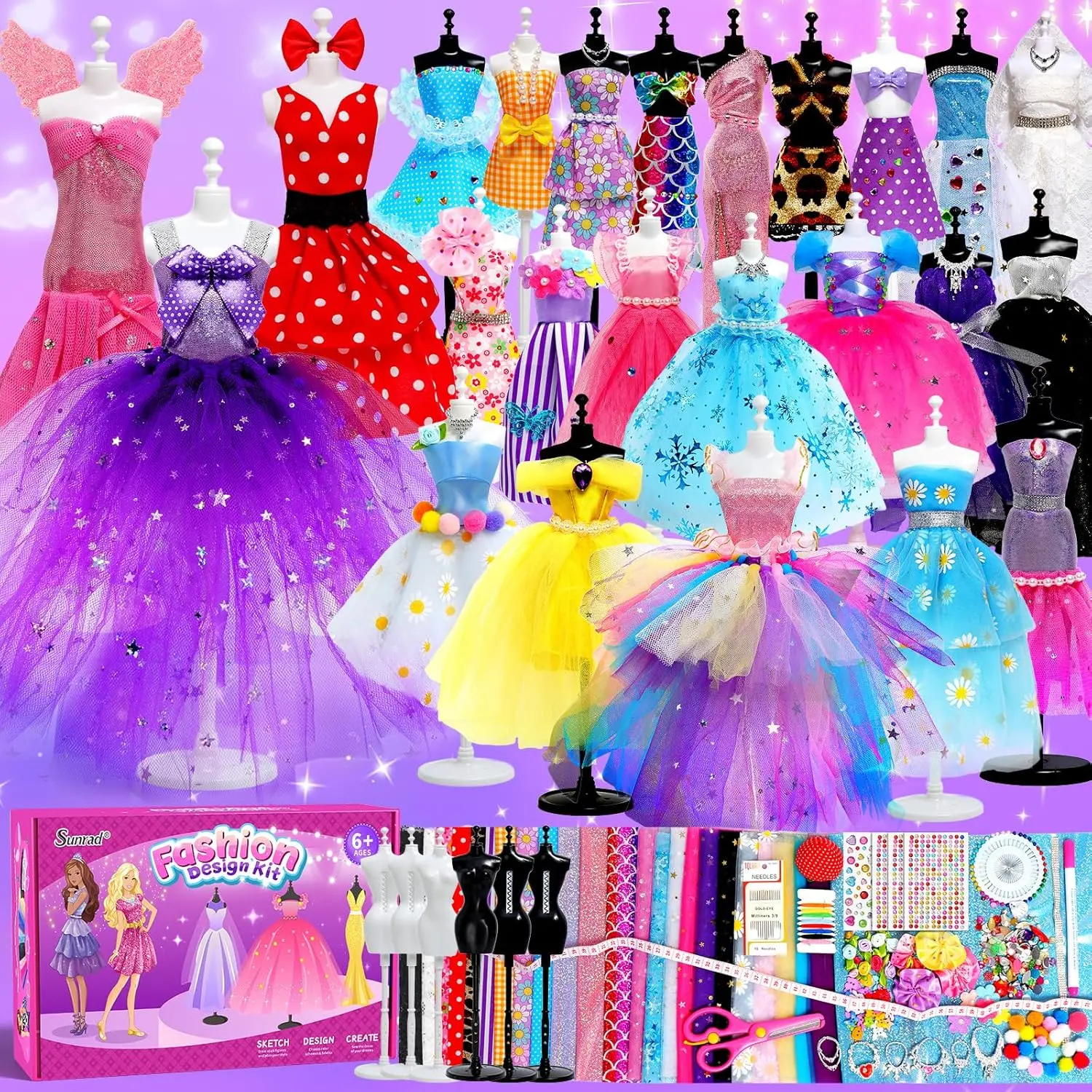 1500+ PCS Fashion Designer DIY Arts & Crafts Sewing Kit for Girls with 6 Plastic Mannequins, Fabric Doll Clothes Making Toys, Birthday Gifts for Girls Age 6-12+
