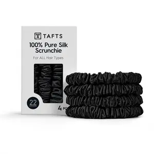 Tafts 22 Momme Mulberry Silk Scrunchies (4-Pack), Mulberry Silk Scrunchies for All Hair Types and Textures, Hair Accessories for Women Girls, Midnight Black