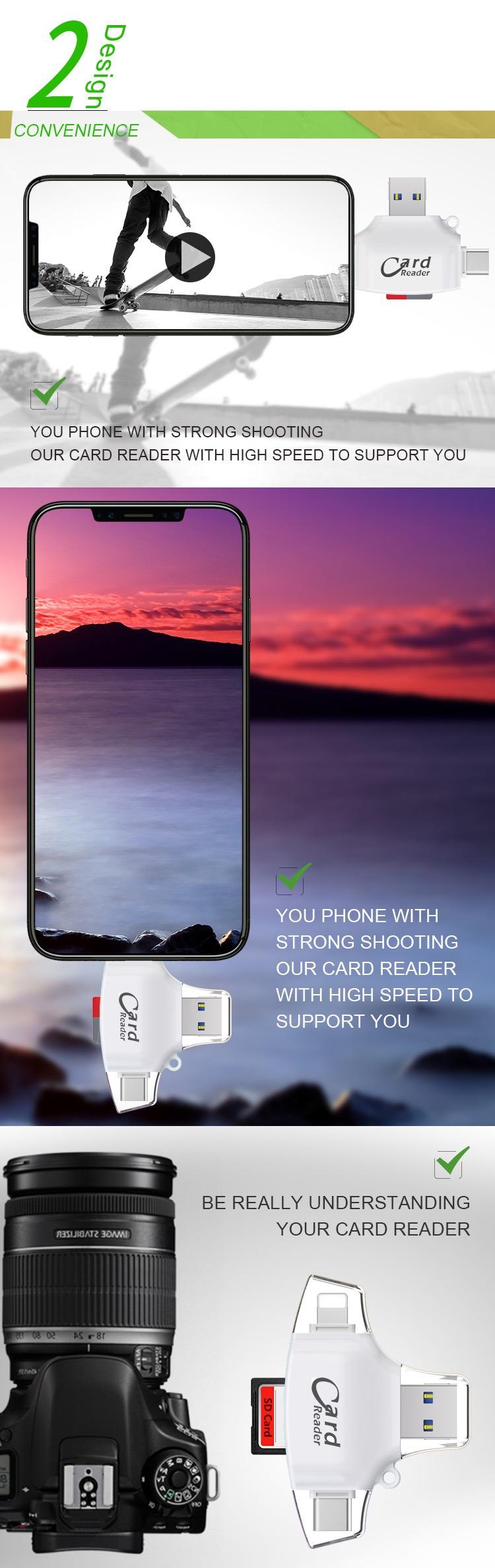 SEALIGHT Multi-Port Memory Card Reader，4 in 1 SD/TF/USB OTG Adapter for iPhone 15/14/13/12/11 Pro/Pro Max, Android, iPad, Laptop with Type C, USB C, Lightning, Plug & Play, Record Memory Gift (No App Required)