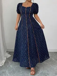 Plus Size Women's Navy Floral Long Dress, French Square Neck Bubble Sleeve Waist Cinch Slimming Elegant Casual Wear A-Line Long Dress