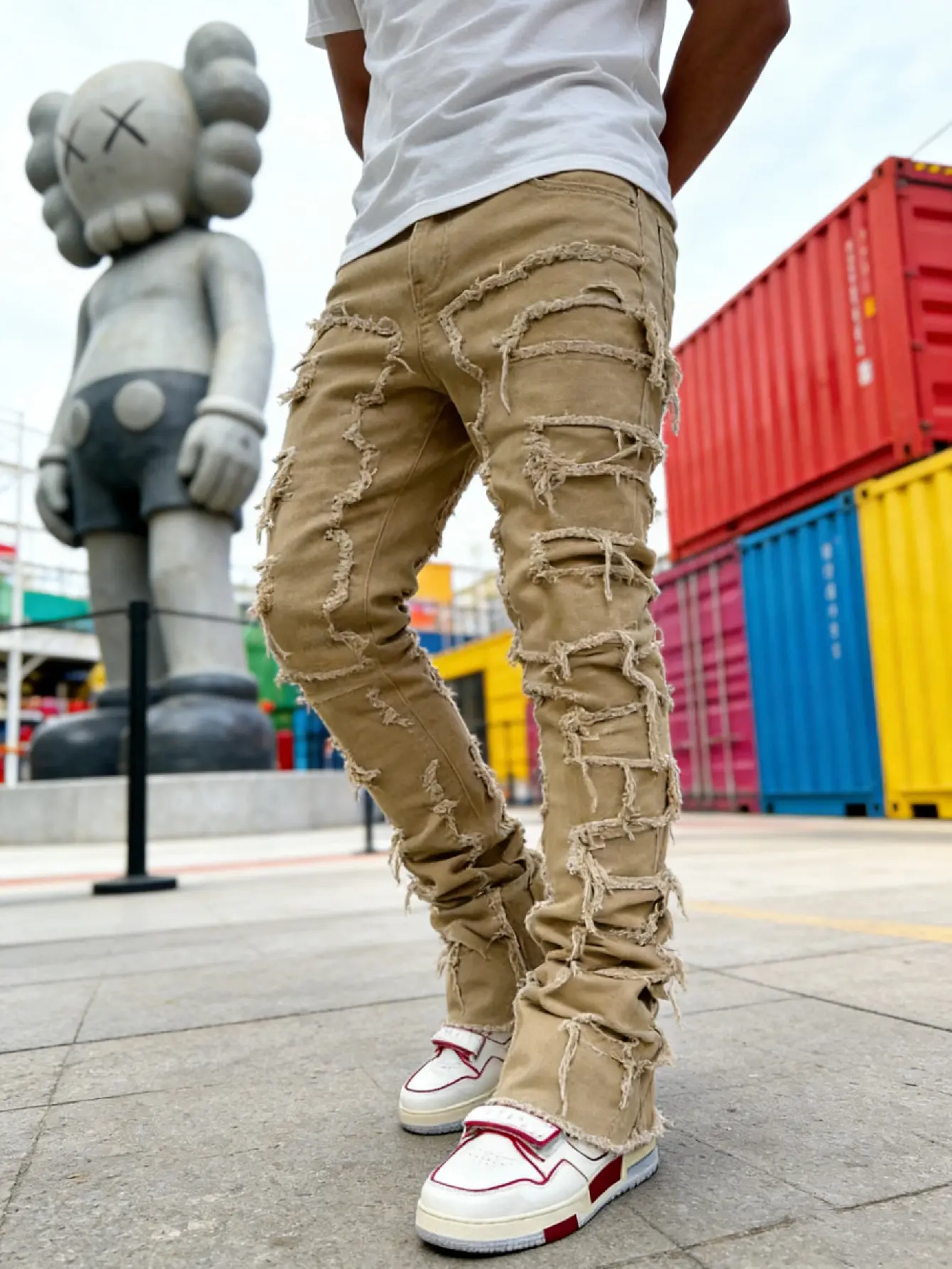 SRETOUU Streetwear Men Stylish Stacked Spliced Slim Biker Jeans Pants High Quality Male Hiphop Distressed Straight Flare Menswear Denim Trousers