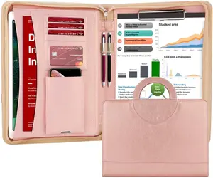 Zippered Leather Padfolio Portfolio with  Handle and Clipboard, Business Conference Organizer Notepad Folder, Portfolio Bag, Padfolio for Women/Men (Rosegold)