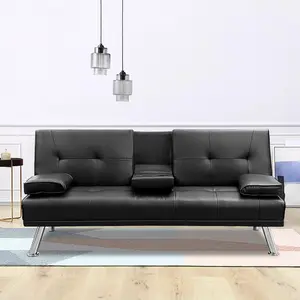 Modern Faux Leather Futon Sofa Bed Convertible Folding Lounge Sofa for Living Room with 2 Cup Holders Removable Soft Armrests Sturdy Metal Legs Charming Black Sleeper Couch, Living Room Furniture for Apartment, Lounge, Family Room
