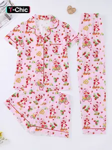 3-Piece Strawberry Girl Women's Casual Fitted Print Pajama Set, Short Sleeve Button-Up Top, Elastic Shorts and Pants, Comfortable Home Wear
