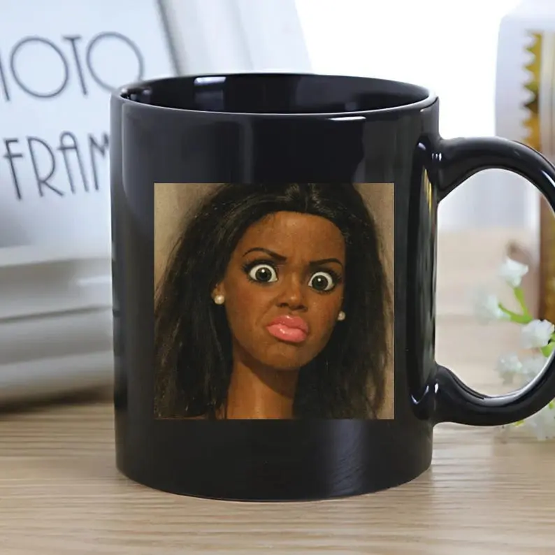 Black Doll Face Coffee Mug, Funny Doll Face Mug, Disgusted Doll Meme Coffee Cup, Sarcastic Reaction Gift, Unhinged Meme Mug, Coworkers Gift