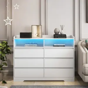 [Bellemave]6 Drawer Dresser, White Dresser for Bedroom with LED Lights, Modern Dressers & Chests of Drawers with Sturdy Frame for Living Room, Entryway, Hallway