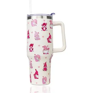 40 oz Valentines Tumbler with Handle and Straw, Stainless Steel Insulated Gnome Heart Tumbler 40 oz, Reusable heart tumbler with Leak Proof Lid, Valentines Gifts for Her