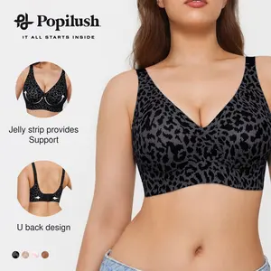 Popilush Seamless Wireless Leopard Jelly Bra – Strapless V-Neck One-Piece Molded Cup, Comfortable Supportive Fit for Women