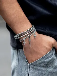 3-piece exaggerated style cross faux sword pendant stackable bracelet with thick chain fringe for men Multilayered Bangles Punk Style Jewelry
