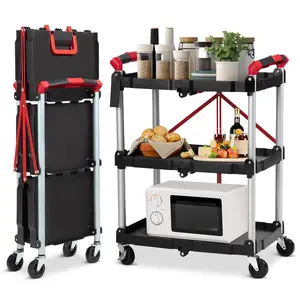 GARVEE Folding Utility Service Cart, Collapsible Cart with Wheels, 3 Tier Rolling Utility Cart, Folding Cart with Wheels Collapsible, Service Cart for Tool, Grocery, Kitchen, Office