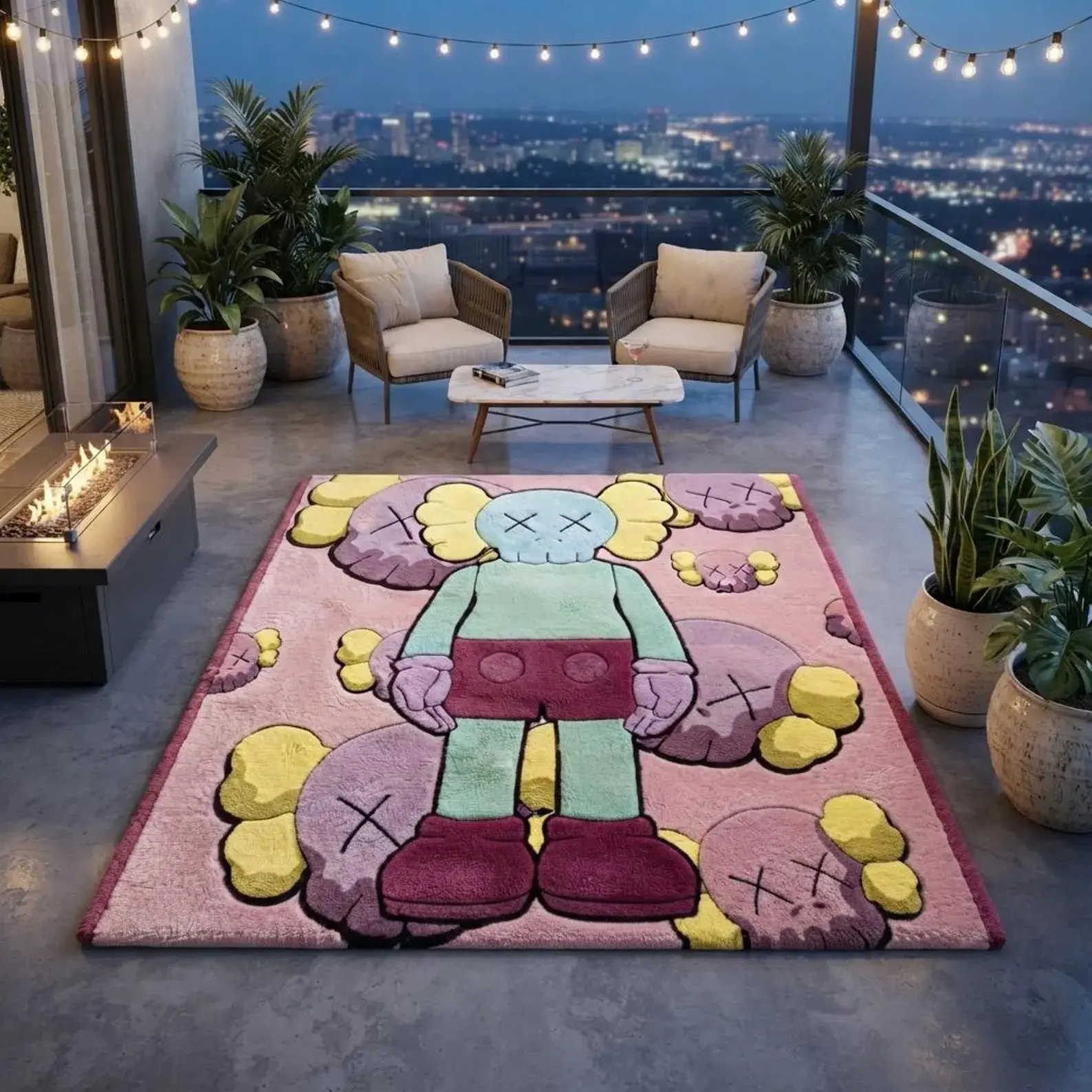 Hand Tufted Pastel Cartoon Skull Area Rug - KAWS Inspired Plush Wool Accent Carpet for Modern Home Decor