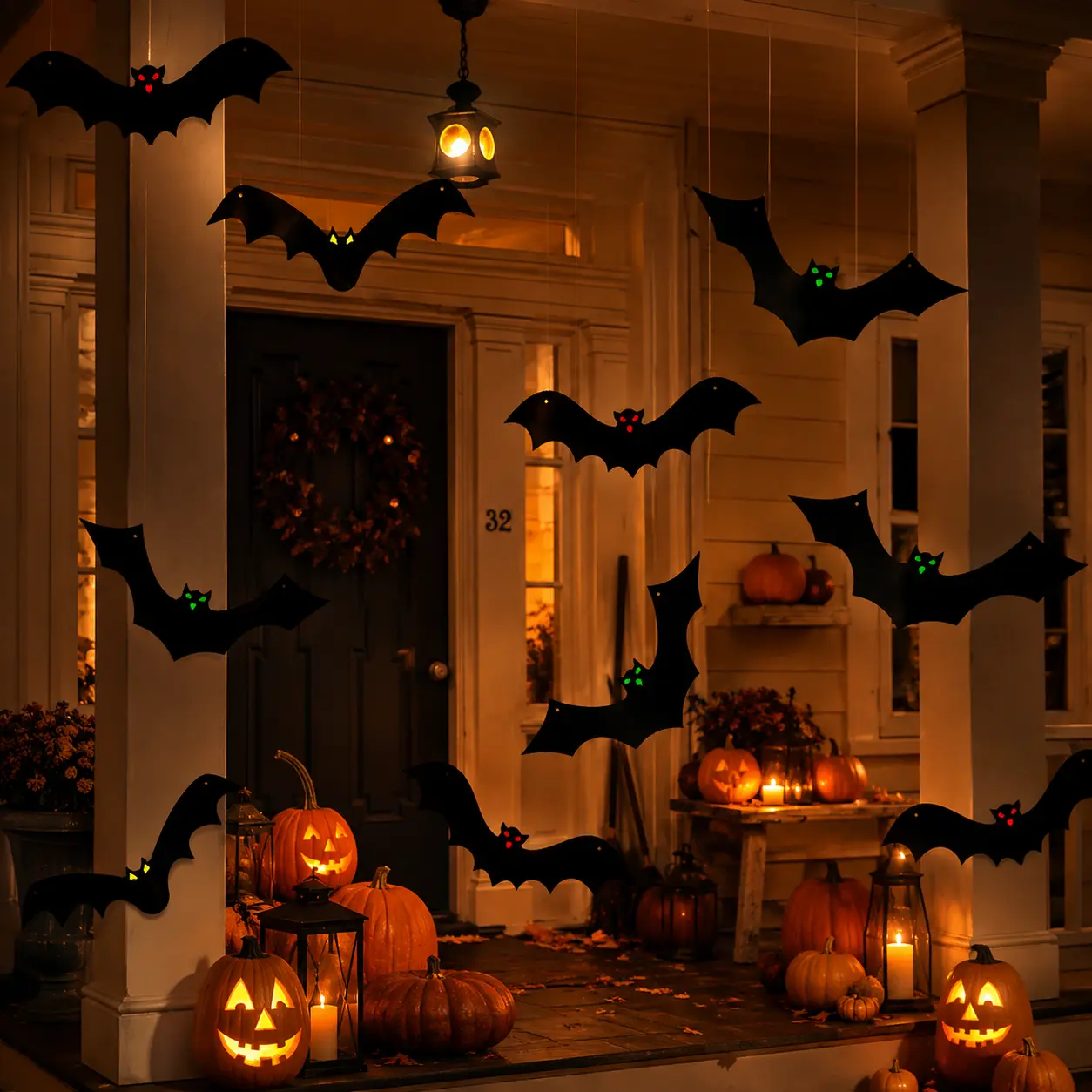 12-Pack Halloween Bats Decorations - 3D Realistic Varied Sizes PP Sheet Bats with Glowing Eyes, Spooky Natural Look Hanging Supplies for Indoor/Outdoor Haunted House Parties