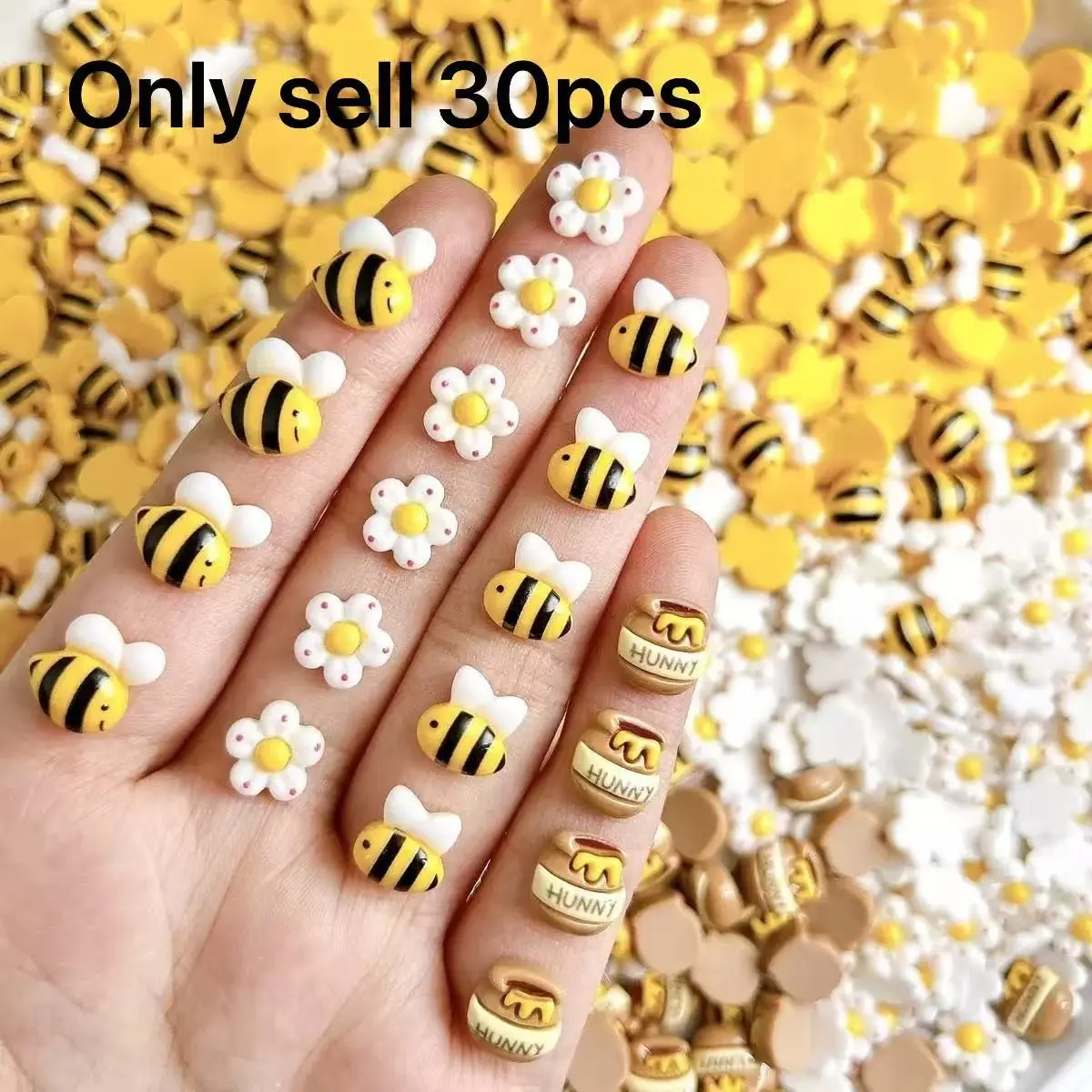 30pcs vibrant resin mini cartoon bees,honey jars, flower flat flower statues, used for nail art, wedding DIY, scrapbooks, jewelry crafts and accessories Nail Art Supply Nail Art Design