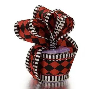 2 1/2" X 10 Yards Red/Black Harlequin Stripe Wired Ribbon Halloween