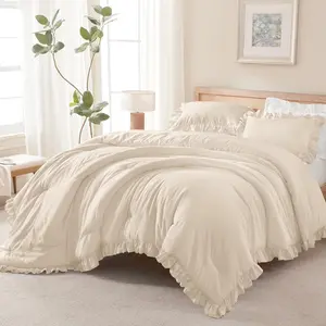 Beige Comforter Set Queen Size, 3 Pieces Ruffle Bedding Comforter Sets for Queen Bed, Lightweight Soft Microfiber Farmhouse Comforter Set