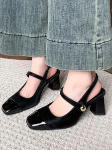 BIZCHIC Women's PU Leather Chunky Heeled Sandals with Backstrap, Velcro Design, Square Toe, Perfect for Parties and Vacations