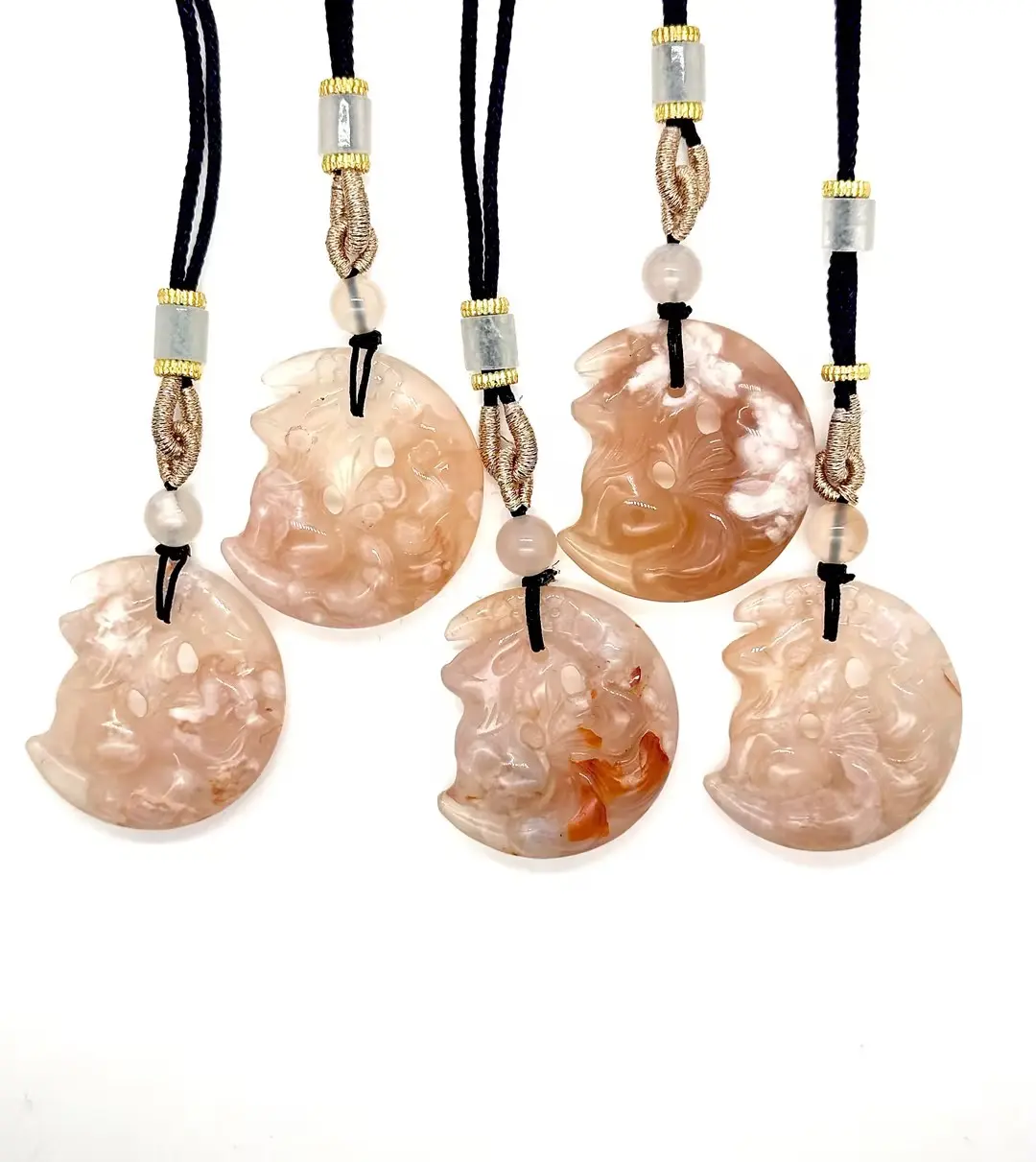 Natural Sakura Agate Nine-Tailed Fox Carved Pendant Necklace；Hand-Carved Cherry Blossom Agate Fox Sculpted Jewelry；Pink Floral Agate Moon Fox Pendant Adjustable Cord Necklace