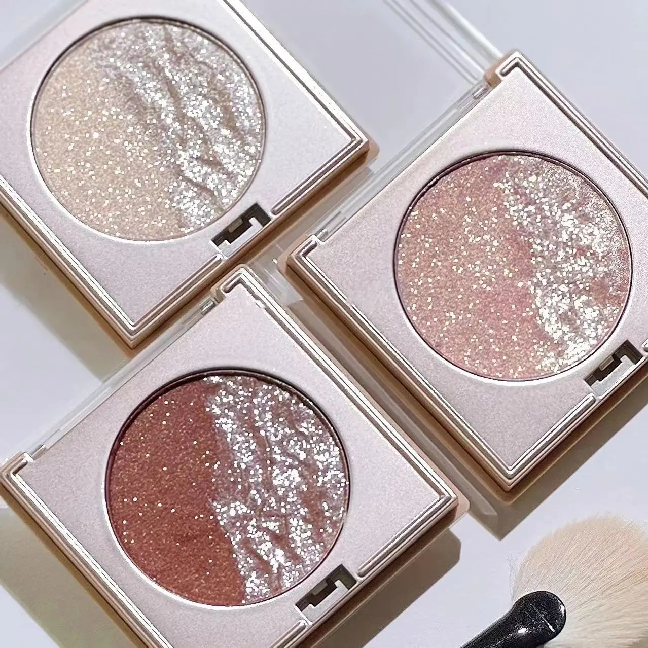 3-in-1 Double Highlight Cosmetic Makeup Palette - Balm Form, Highlight Glow, Blush, Eyeshadow, Dewy Water Glossy Shimmer Finish, Sunset Glow