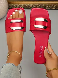 Women's Flat Sandals Summer Fashion Trendy Candy Color Casual Versatile Simple Square Toe Beach Shoes, PU Upper Material, Rubber Sole