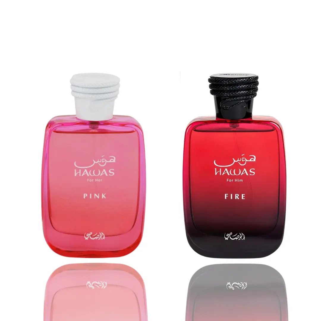 Rasasi Hawas Fire & Hawas Pink Floral Fragrance Gift Set, 2-Piece Masculine-Feminine Couple Dynamic Duo Bundle with 2 Bottles