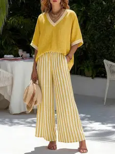 European and American Women's Fashion, V-Neck Linen-Like Top + Striped Wide-Leg Pants, Casual Vacation Set, Comfortable and Stylish