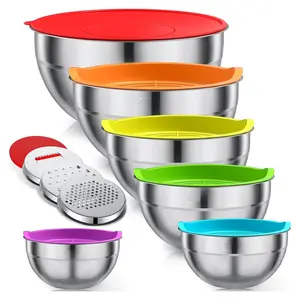 Mixing Bowls with Colorful Airtight Lids, 6 Piece Stainless Steel Metal Bowls with 3 Grater Attachments, Size 4.5, 3.5, 2.1, 1.5, 1.1, 0.7QT