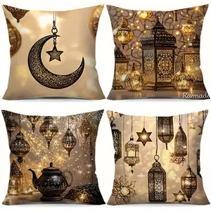 4pcs Ramadan Warm-Light Pillowcases: Features carved crescent-star, hollow lanterns, teaware. Warm gold tones, fits festive decor, brings luxurious warm vibe
