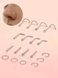 18 Pcs Stainless Steel Nose Rings, Cz Rhinestone C-Shape Design, Unisex Casual Daily Wear, All Season Jewelry, 20g Size