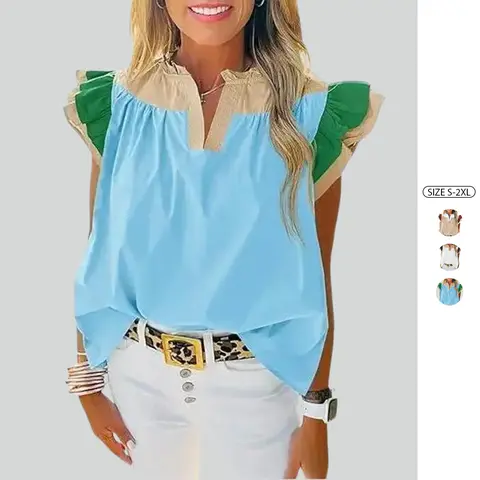 Imily Bela Women's Color Block V Neck Ruffle Sleeveless Cotton Tunic Top Casual Summer Loose Fit Blouse