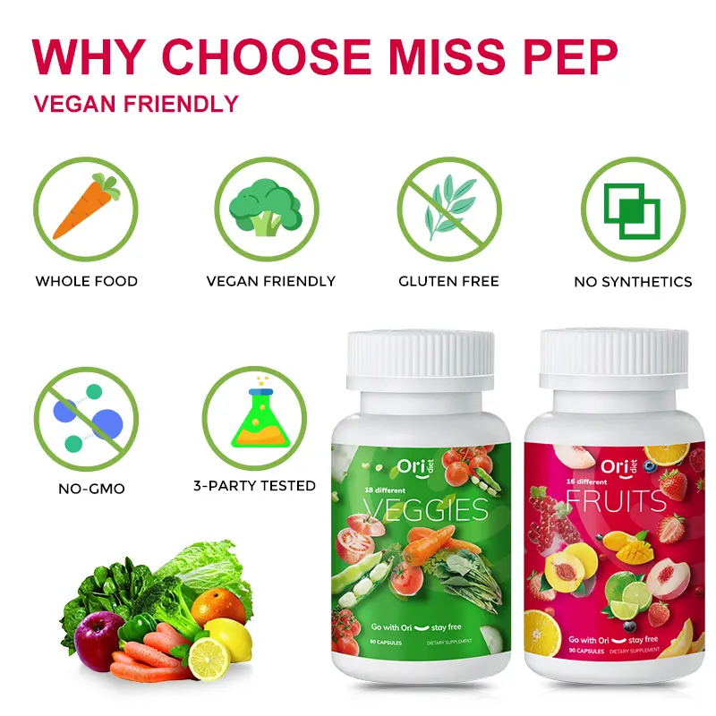 Fruits and Veggies Supplement  - A Natural Balance Of Over 30 Fruit and Vegetable Supplements Capsules with Probiotics Prebiotics Digestive Enzymes  dietary fiber, natural vitamins, microelements for immune support, probiotics, Healthcare Fitness